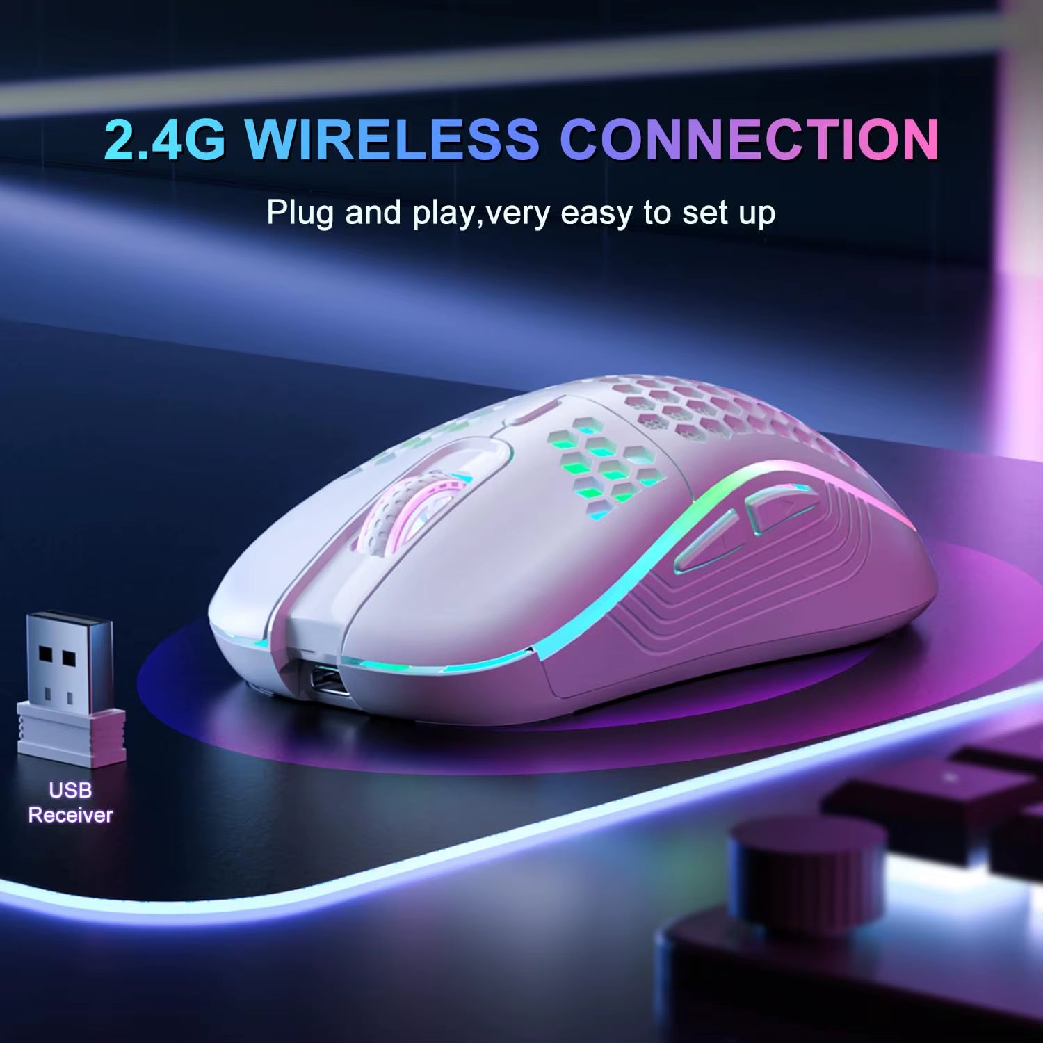 2.4G Wireless RGB Backlit Honeycomb Gaming Mouse - Ergonomic Design, 6 Buttons, and Adjustable 3-Speed DPI for Enhanced Precision